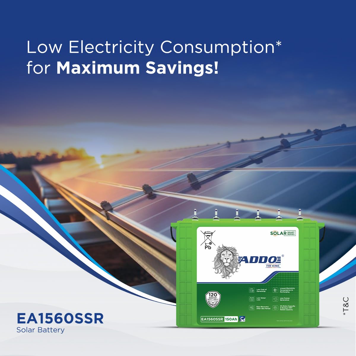 150Ah Solar Battery | 120-Month Warranty | Addo EA1560SSR | Tall Tubular Inverter Battery for Home & Office