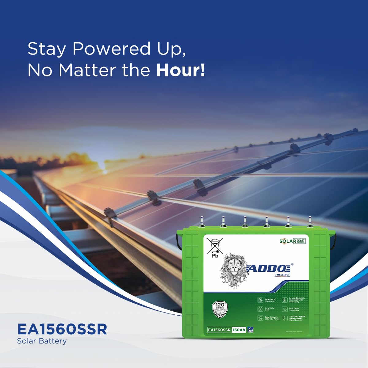 150Ah Solar Battery | 120-Month Warranty | Addo EA1560SSR | Tall Tubular Inverter Battery for Home & Office